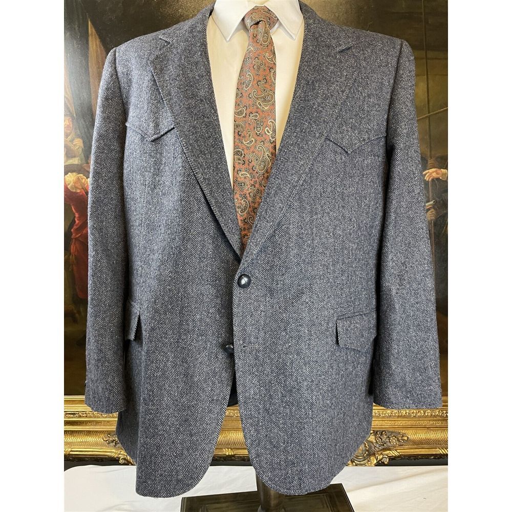 VTG Guy Garrett 48R USA MADE Western Yoke Gray Herringbone Tweed 2Btn Blazer